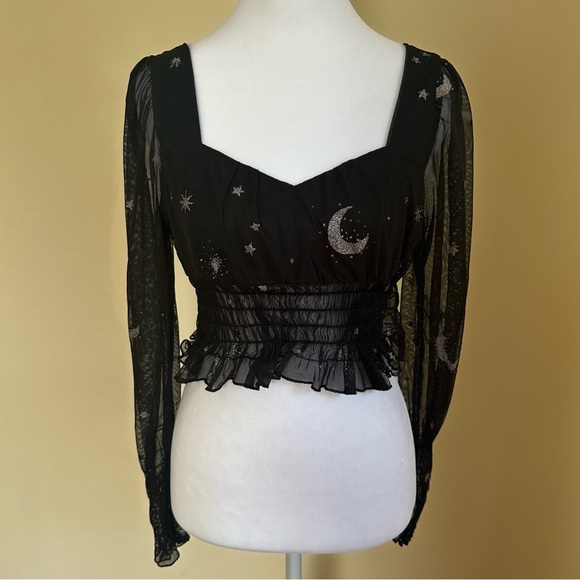 Black Ruffled  Blouse with Sheer Sleeves - Picture 1 of 5